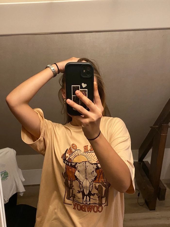 T-shirt large, over size beige à dessin - photo numéro 3