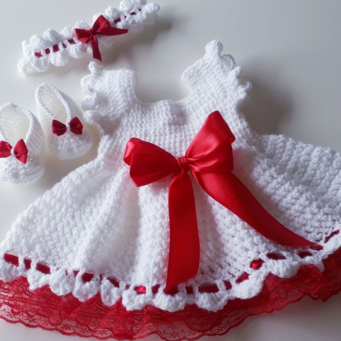 Vêtement bébé fille robe crochet dentelle noeud satin rouge - photo numéro 4