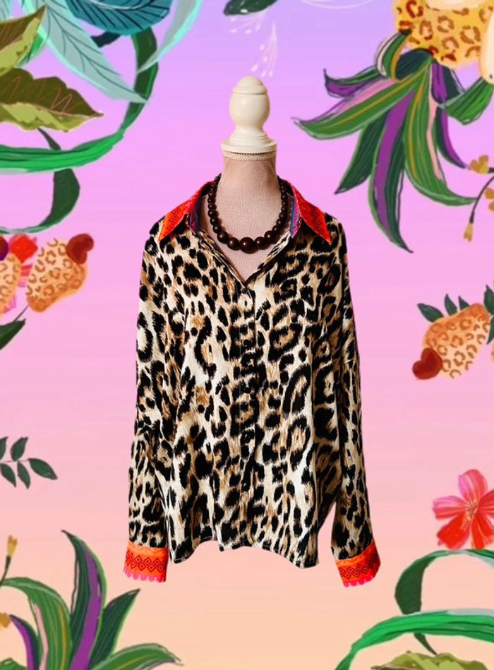 🧡🐆Chemise léopard oversize funky chic ethnic wild tribal multicolored animal shirt🐆🧡 - photo numéro 3
