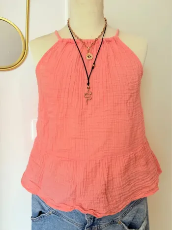 Top emmanchure américaine, dos nu avec lien à nouer dos rose fluo Promod