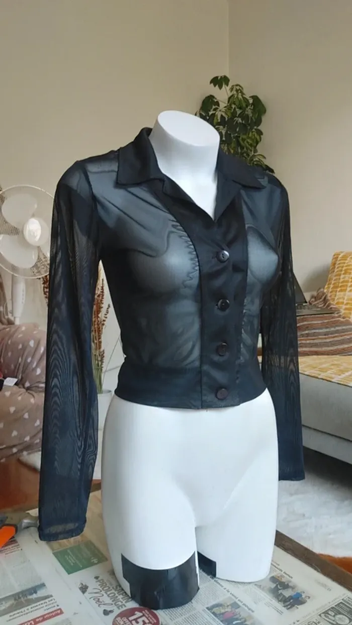 Chemise blouse courte en mesh vintage noir manche longue - photo numéro 8