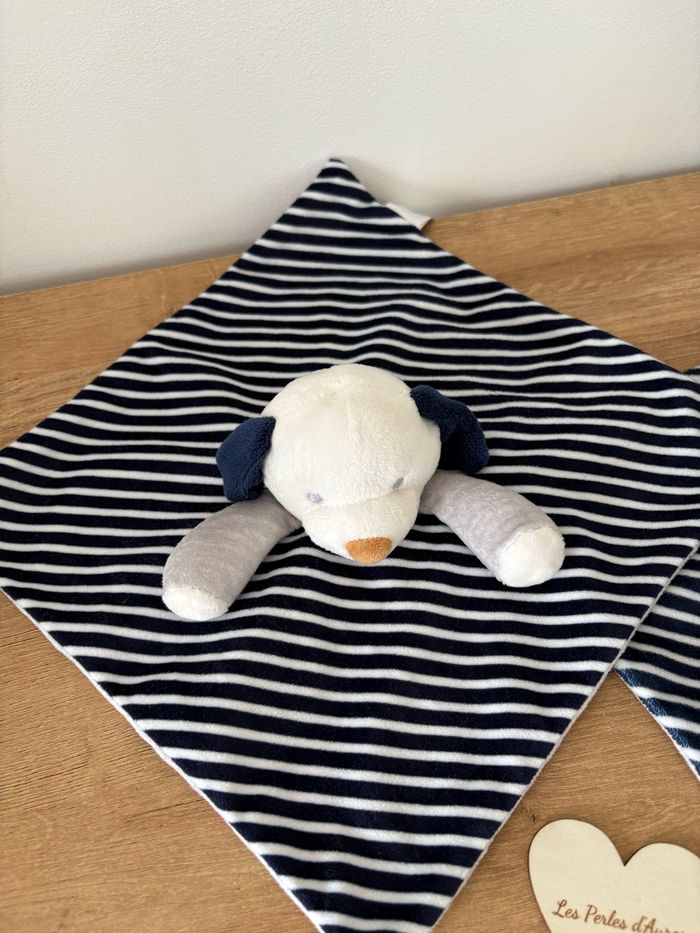 2 doudous chien rayures bleu marine blanc gris - photo numéro 3
