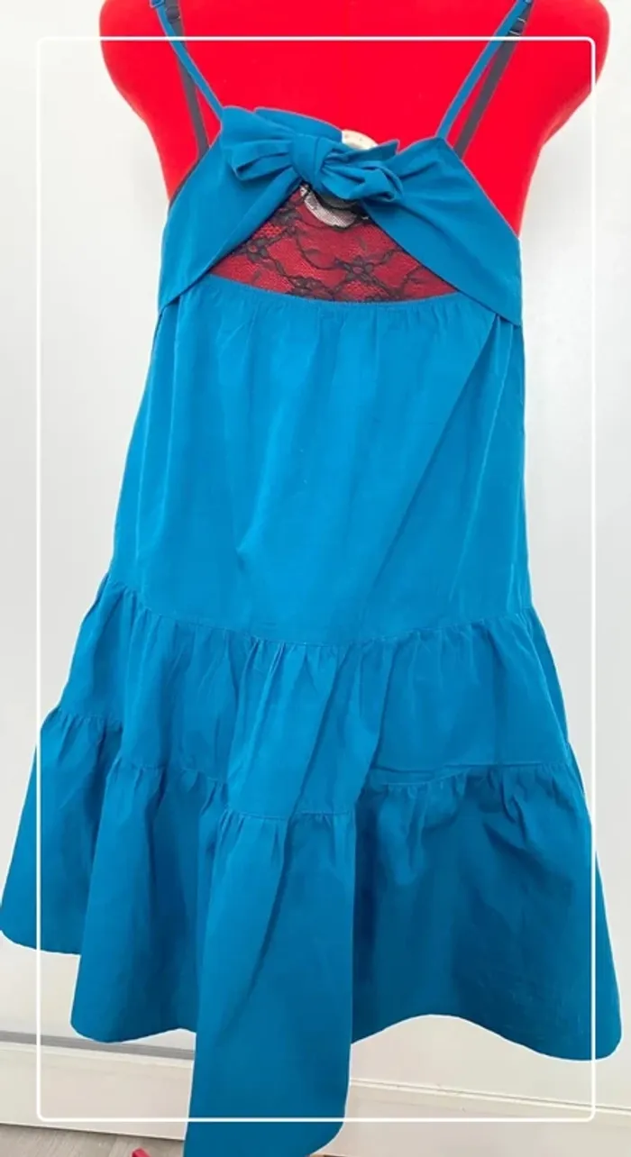 Robe volant bleu canard et dentelle noire Camaïeu - photo numéro 3