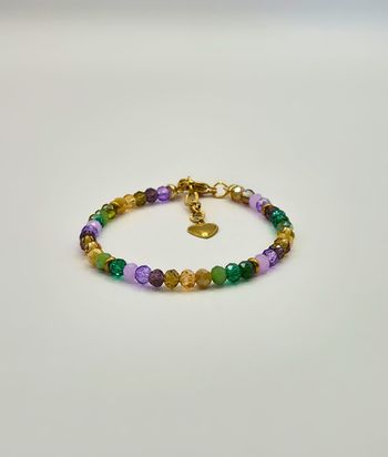 Bracelet doré petites perles vertes, jaunes et violettes