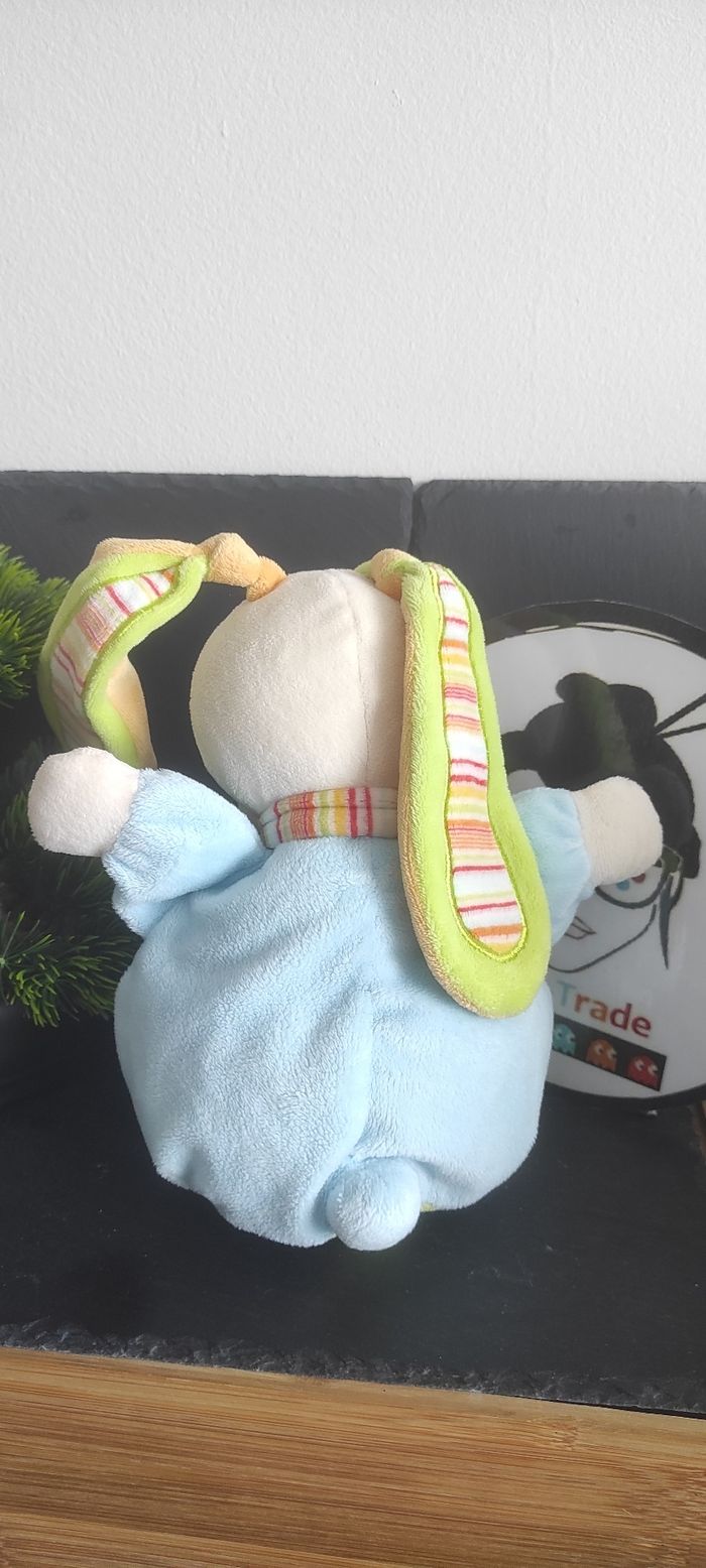 Doudou Lapin Boule Bleu Vert peluche mots d'enfants écharpe Beige Orange Rayé - photo numéro 2