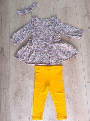 Ensemble hiver tunique fleurie + legging jaune molletonnés et bandeau fille DPAM - 18 mois - 80cm