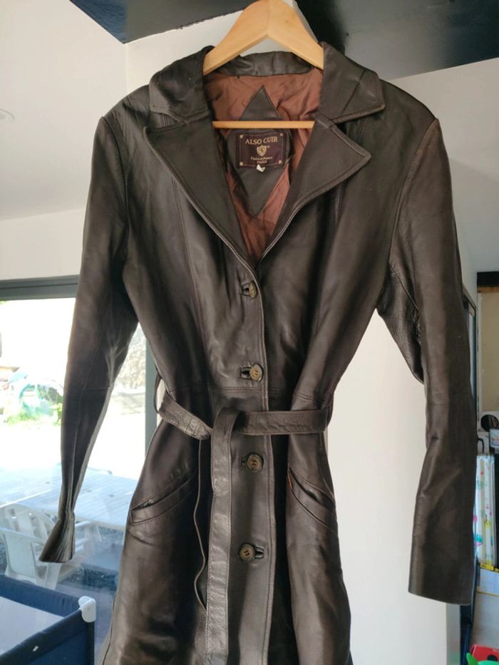 Blouson long en cuir ceinturé Also cuir vintage femme taille 38 - photo numéro 2