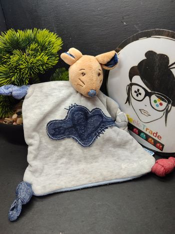 Doudou plat souris gris bleu rouge Blue Denim jean kaloo marron coeur flèche 