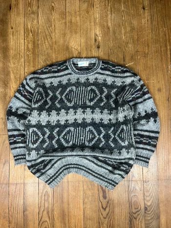 Pull maille vintage laine mohair motifs rayures gris noir XL