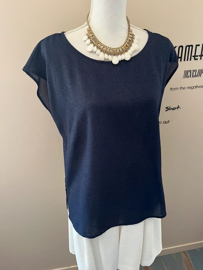 Blouse fluide chic bleu marine pailletée taille L - photo numéro 2