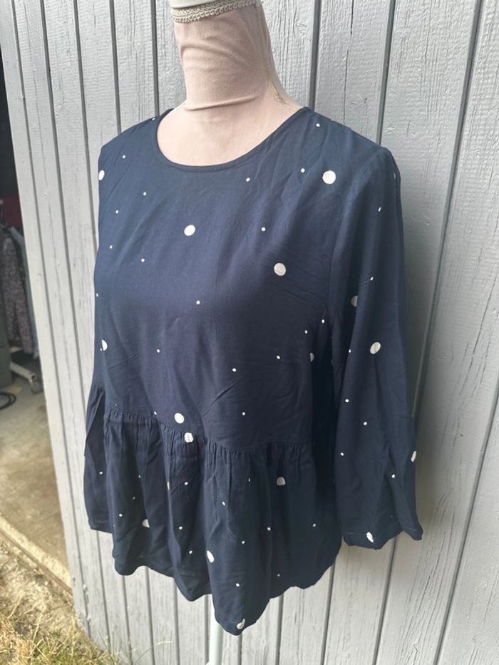 Blouse manches 3/4 bleu marine à pois blancs été légère ICHI 38/M - photo numéro 3