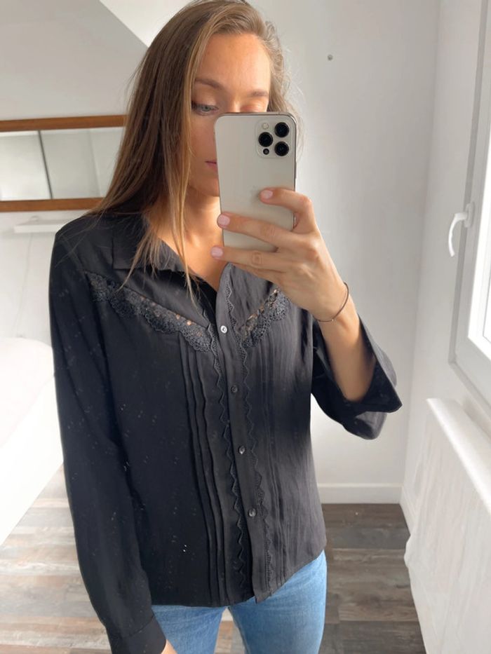 🌟 Chemise blouse manches longues noir avec broderie - photo numéro 2