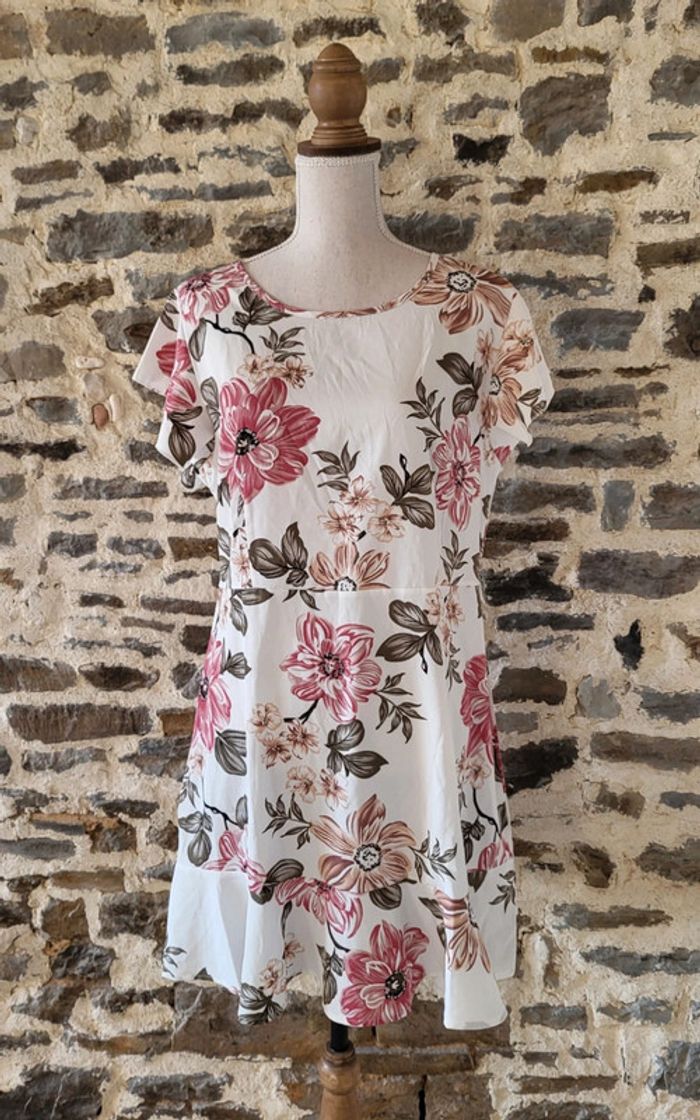 Robe de cérémonie ou de cocktail à fleurs rose écru La Redoute Taille XL ou 40/42