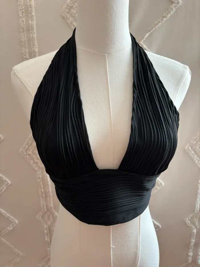 Top noir plissé à dos nu effet drapé – taille S – matière fluide et stretch - photo numéro 2