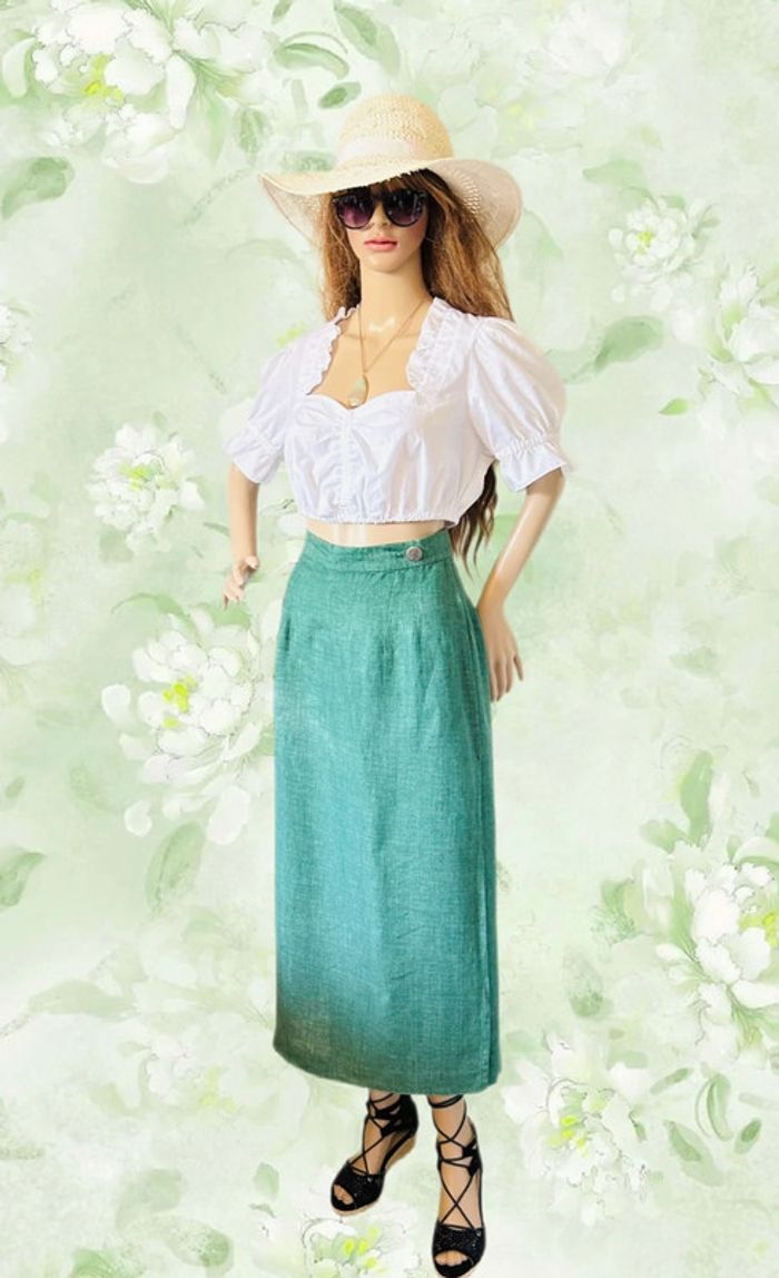 🦚Jupe longue en lin vert champêtre Cottagecore Countryside Charm Green Linen Skirt🦚 - photo numéro 6