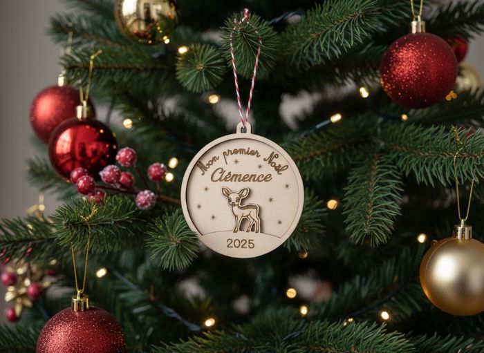 Boule de Noël en bois  , personnalisée , ornement en bois pour sapin  ,