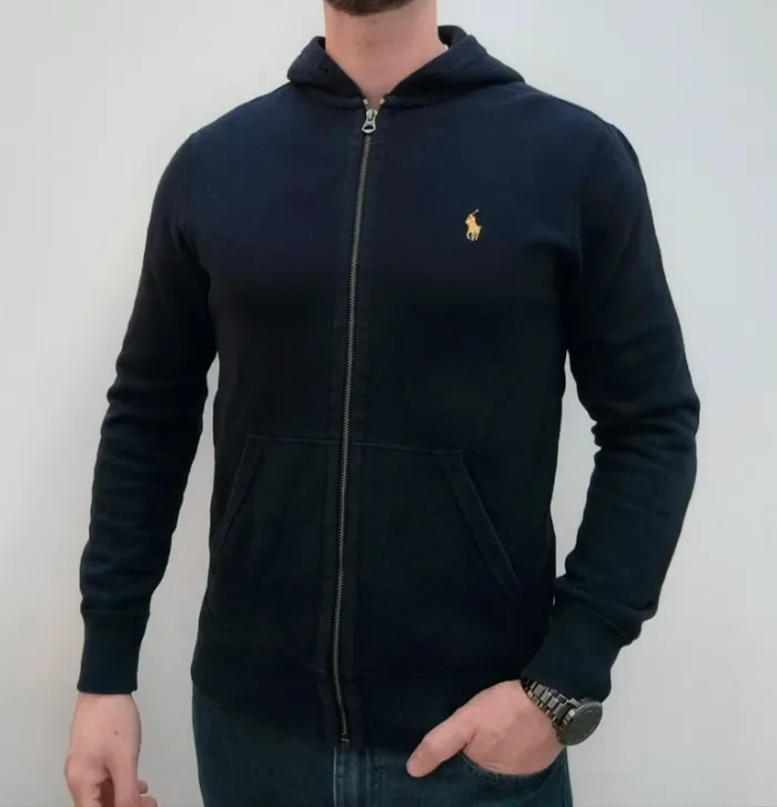 Sweat capuche zippé homme Ralph Lauren taille S bleu marine logo jaune - trou manche
