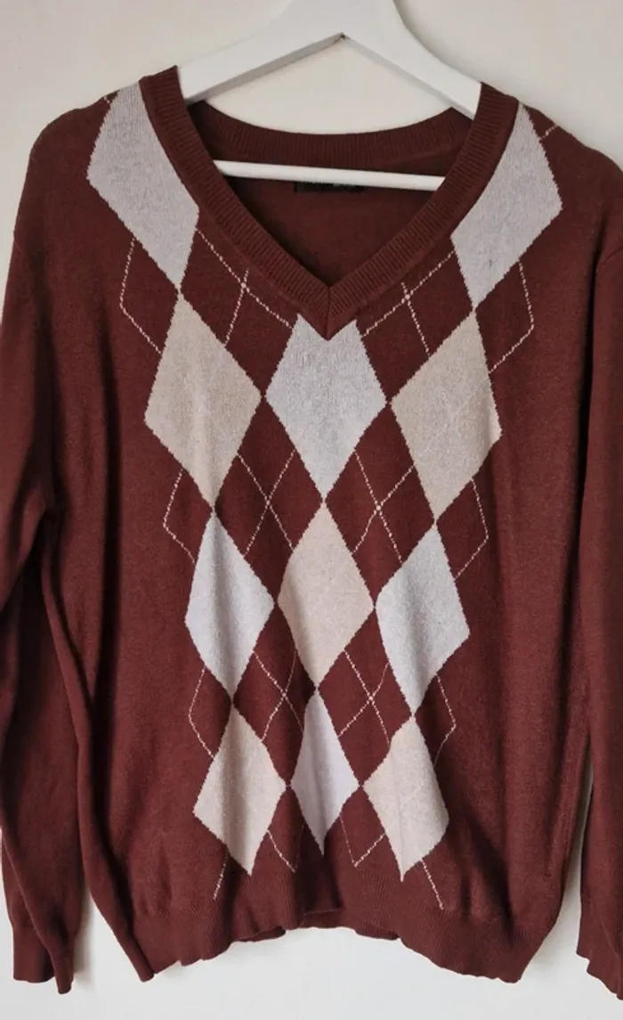 Pull col V marron/beige - photo numéro 2