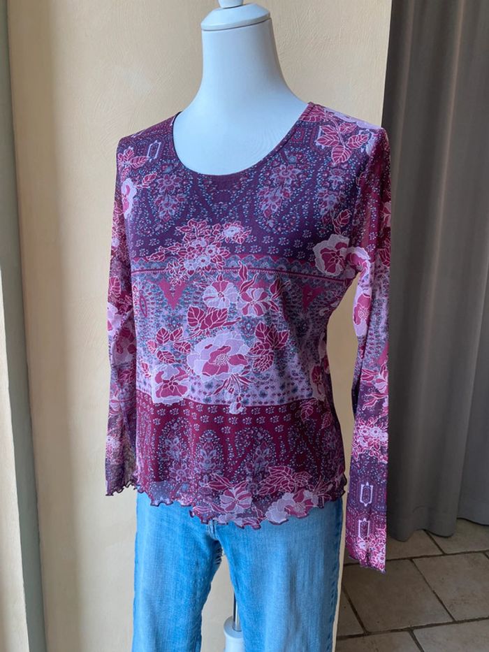 Top mesh à motifs bordeaux manches longues vintage L - photo numéro 7