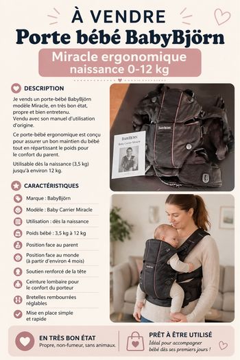 Porte bébé BabyBjörn Miracle ergonomique naissance 0-12 kg 