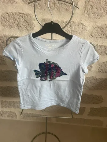 Tee shirt fille 6 ans bleu sequin réversible poisson
