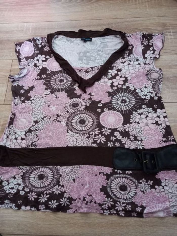 Haut tunique rose et marron marque Fashion + taille 46/48