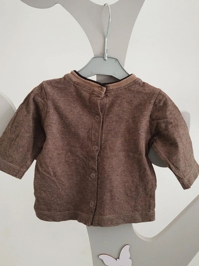 Tee-shirt manches longues marron à rayures noires thème animaux Kitchoun taille 3 mois - photo numéro 2