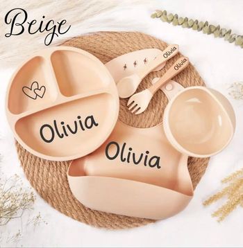 Ensemble vaisselle repas pour bébé à personnaliser Beige Neuf