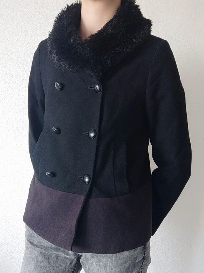 Manteau caban noir violet laine col fausse fourrure / Etam - 34XS à 36/S - photo numéro 3