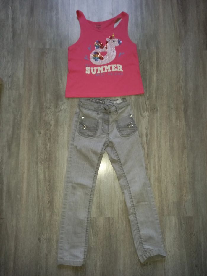 jeans slim gris orchestra et débardeur séquin licorne kiabi taille 6 ans