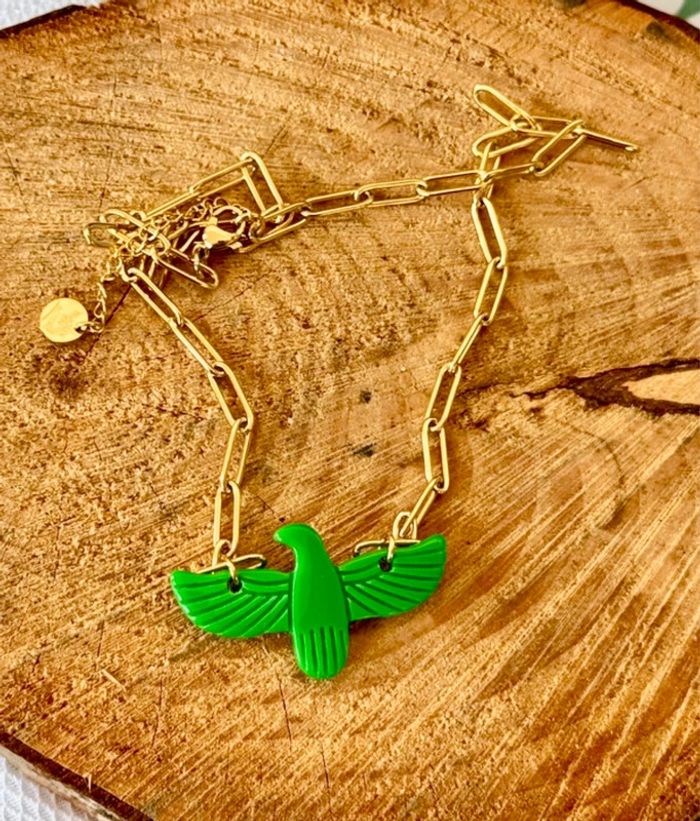 Collier chaîne réglable mailles larges acier inoxydable or aigle condor déployé vert - photo numéro 2