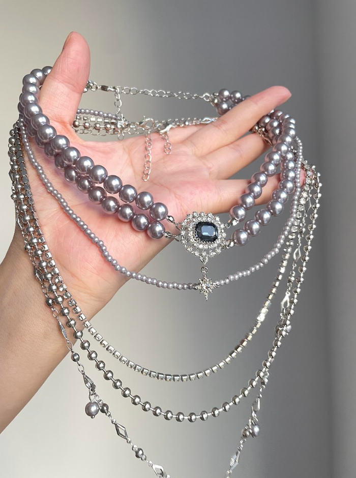 Layered Pearl Necklace Silver Grey Elegant - photo numéro 1