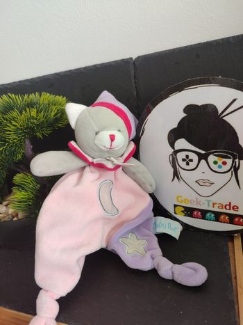 doudou plat mouchoir bn0138 chat baby nat' rose et violet cat pink luminescent