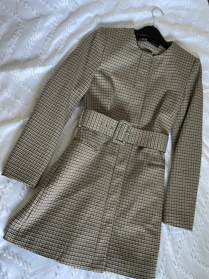 Robe Veste blazer Tailleur Zara pieds de poule avec ceinture taille XS - photo numéro 5