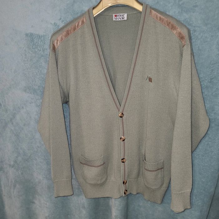 Cardigan  / Gilet en Laine Vintage Broderie Vert Clair 🧥 Royal Manor - Made in France - Taille L