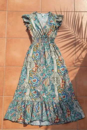 Robe longue bohème imprimée, sans manches, taille S, fluide chic rétro été