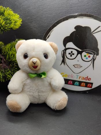 3645 peluche doudou ours blanc beige crème noeud vert coccolino ancien vintage 