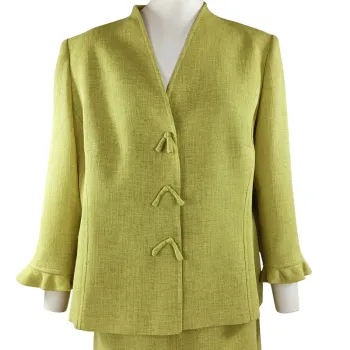 Ensemble jupe et veste Mafecco vert anis, coupe droite, tissu texturé, taille 42 A1209