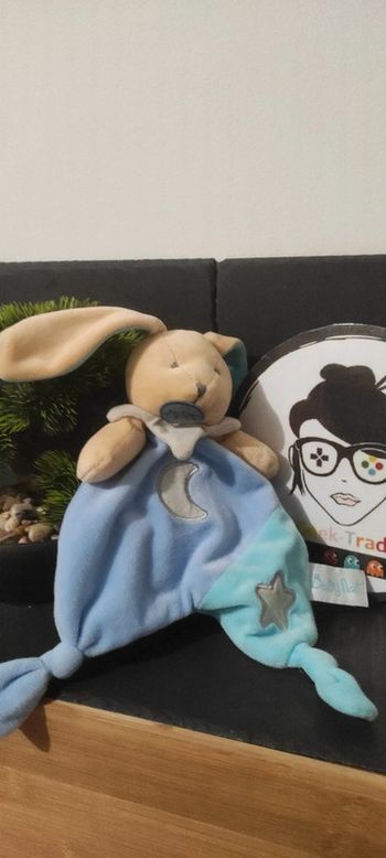 Baby nat' lapin luminescent doudou Bleu Marron Bn0138 Collerette Étoile Lune