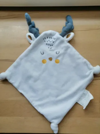 Doudou plat cerf renne siplec leclerc Blanc Gris visage dormeur 23 cm