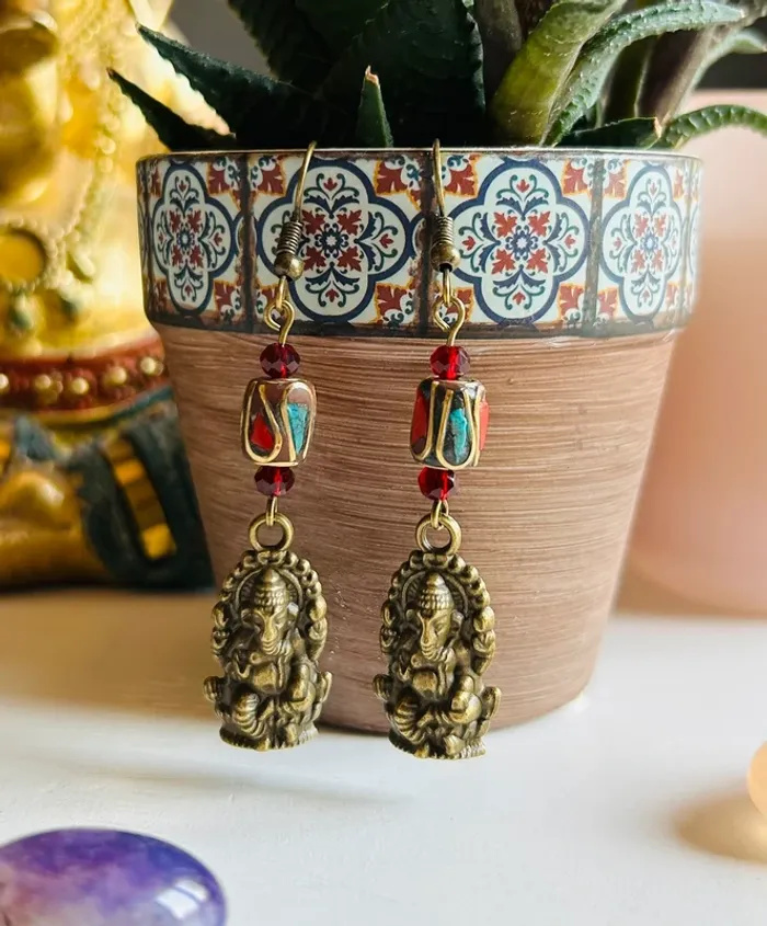 🇮🇳Boucles d’oreilles Ganesh perle tibétaine hippie Indian spiritual earrings🇮🇳 - photo numéro 3