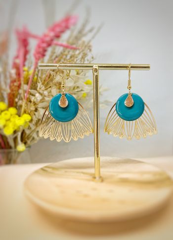 Boucles d’oreilles doré et bleu paon