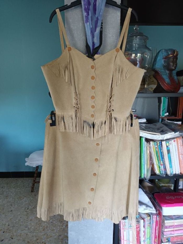 Ensemble bustier et jupe peau a franges 42