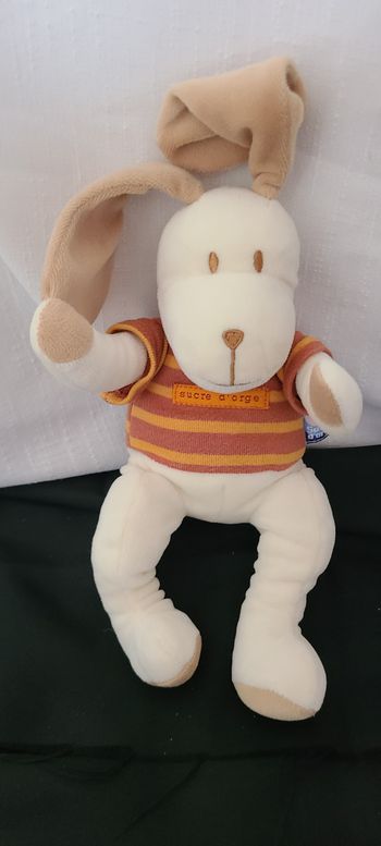 Doudou chien blanc maillot rayé orange SUCRE D'ORGE