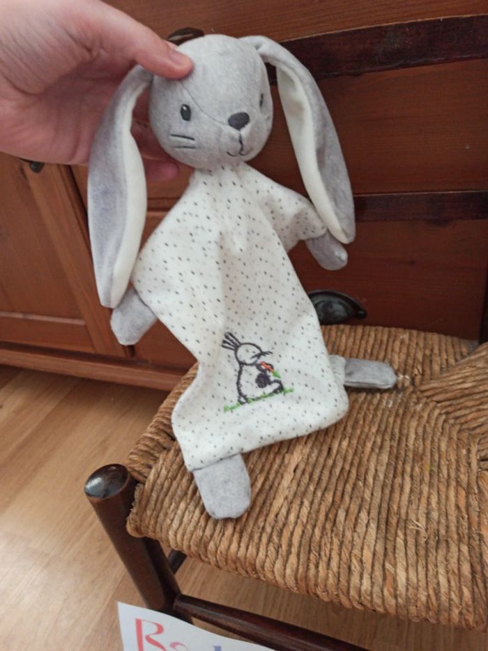 Doudou lapin gris et blanc mots d enfants tbe - photo numéro 3