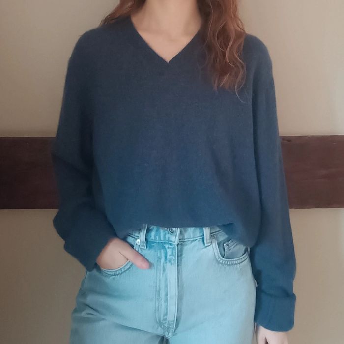 Pull bleu col V 100% cachemire Monoprix