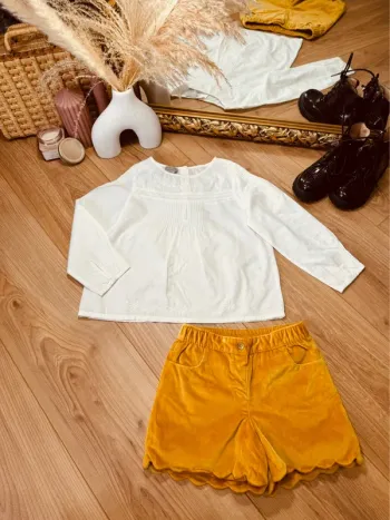 Taille 6 ans tenue 2 pièces fille Cyrillus blanc moutarde * broderie et velours * 🌹