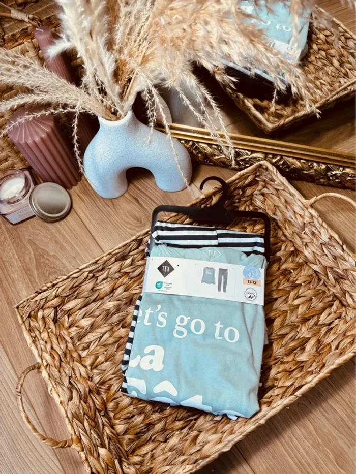 Taille 12 ans pyjama 2 pièces coton fin Tex menthe gris Neuf 🩷