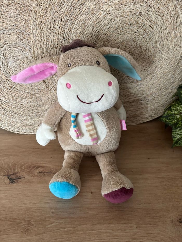 Doudou âne beige blanc écharpe rayé babysun