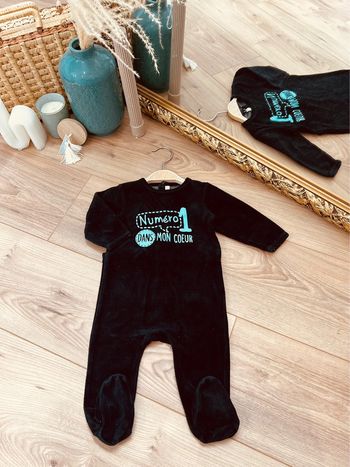 Taille 6 mois pyjama velours garçon Gemo noir et bleu turquoise * number 1 * 💙